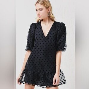LAVENDER BROWN Burnout Polka Dot Organza Mini Dress Puff Sleeve Ruffle Babydoll